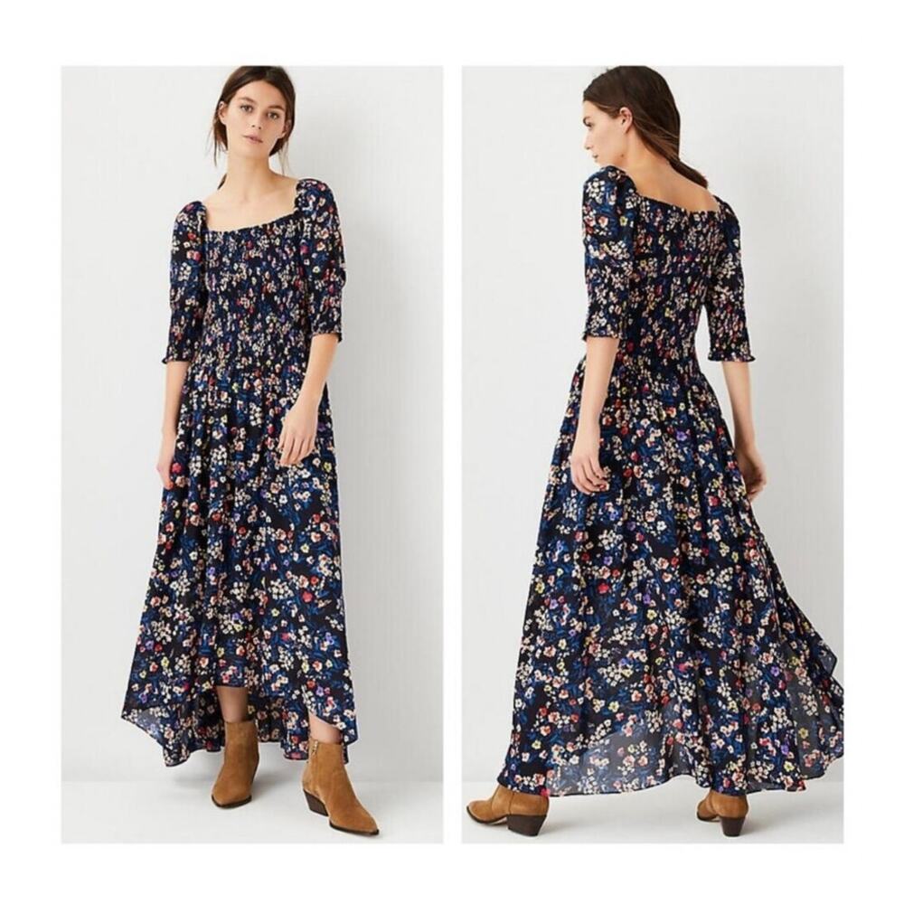 Blue Floral Smocked Maxi Dress Size 12P Puff Sleeve Navy Cottagecore Ann Taylor